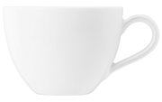 Weiße Kaffeetasse mit Henkel, seitliche Ansicht