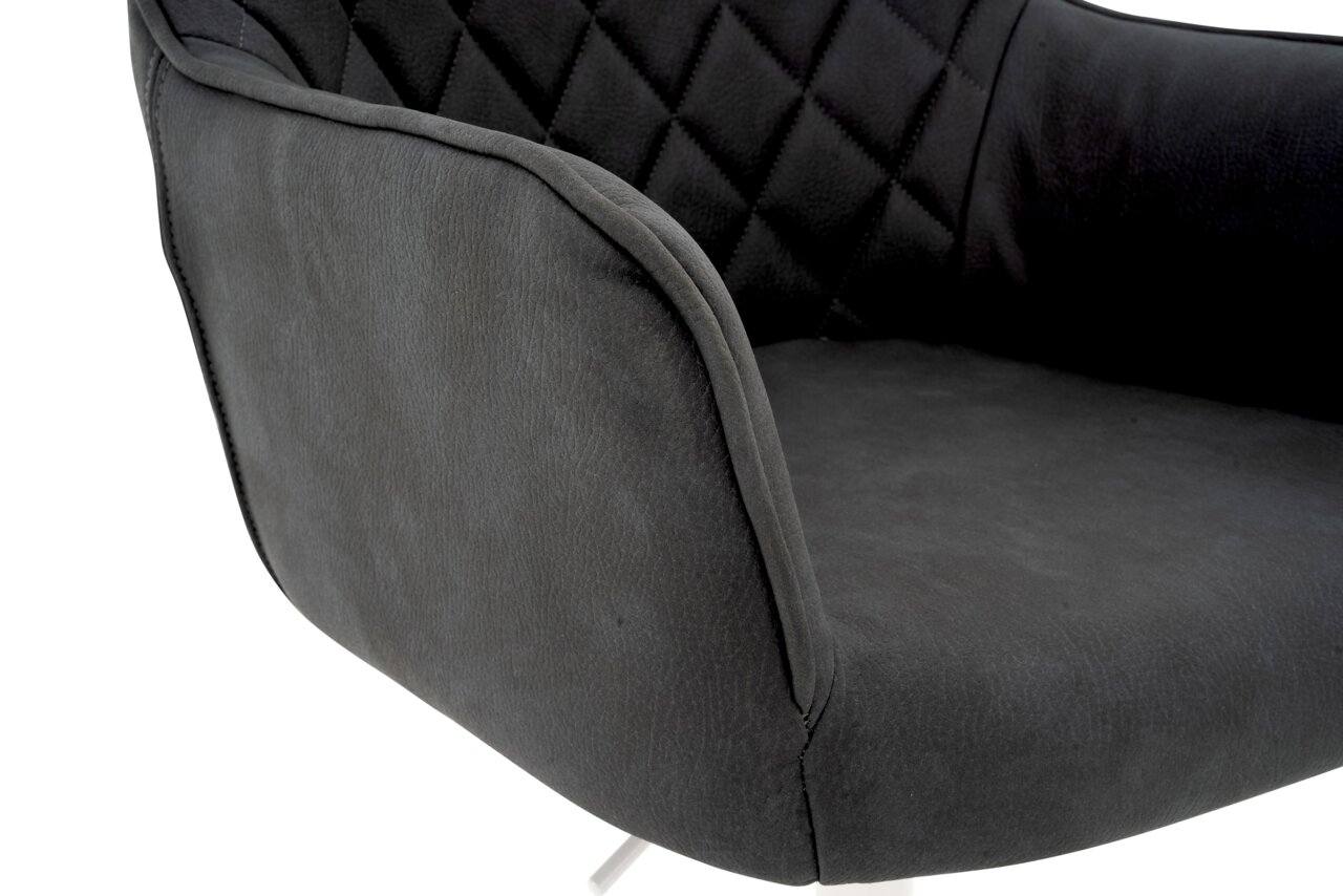 XORA Drehstuhl MARTHA Nahaufnahme eines grauen Drehstuhls mit gestepptem Muster auf der Rückenlehne, seitliche Perspektive.