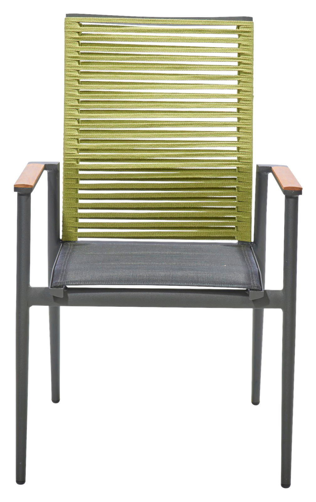 Moderner Sessel mit grünem, geflochtenem Rücken und grauem Sitz, aus der Frontalperspektive fotografiert.