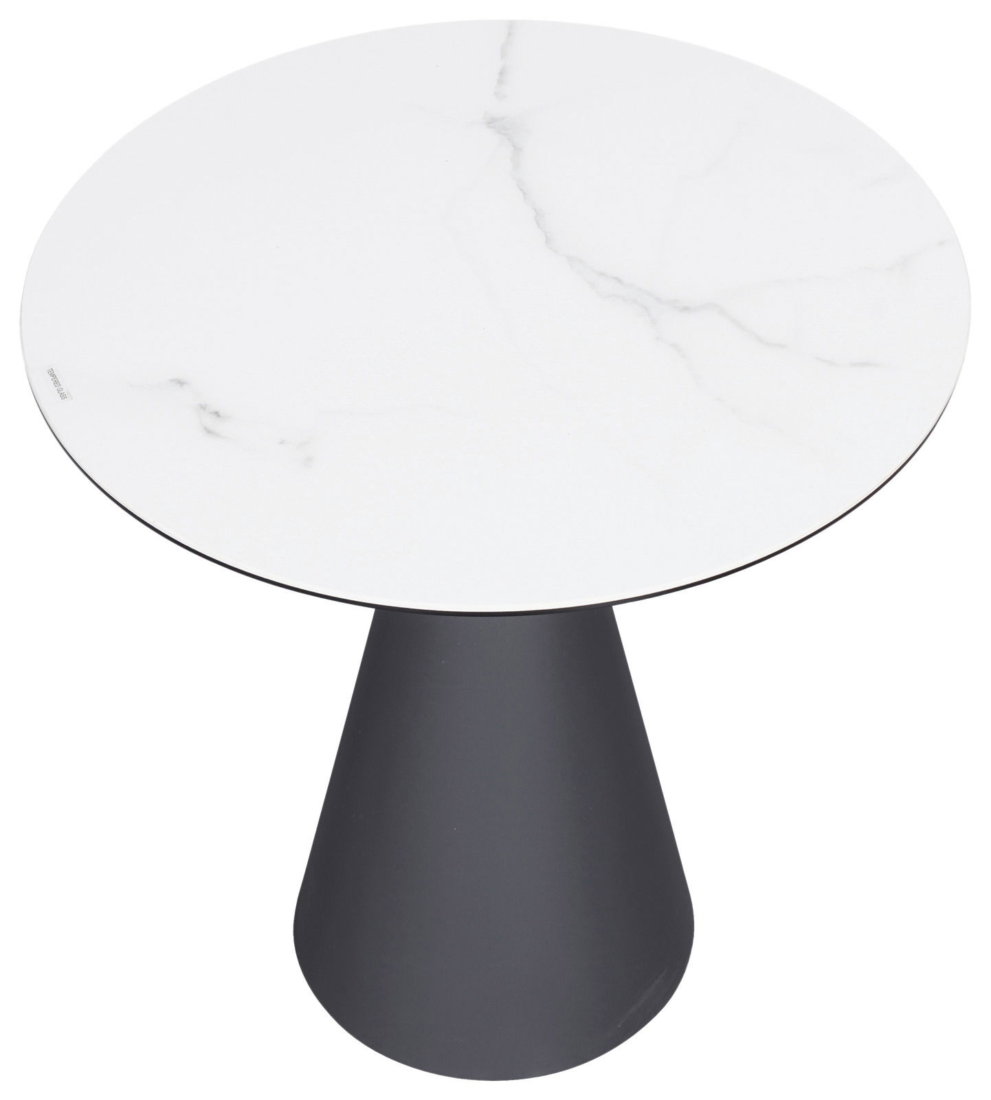 Runder Beistelltisch mit weißer Marmoroptik-Tischplatte und konischem, schwarzem Fuß, Ansicht von oben.