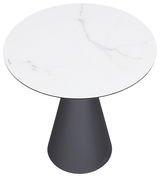 Runder Beistelltisch mit weißer Marmoroptik-Tischplatte und konischem, schwarzem Fuß, Ansicht von oben.