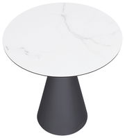 Runder Beistelltisch mit weißer Marmoroptik-Tischplatte und konischem, schwarzem Fuß, Ansicht von oben.