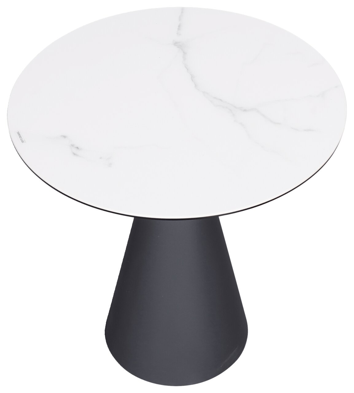 Dieter Knoll Bijzettafel TIVOLI Ronde bijzettafel met een tafelblad in witte marmerlook en een conische, zwarte voet, gezien van bovenaf.