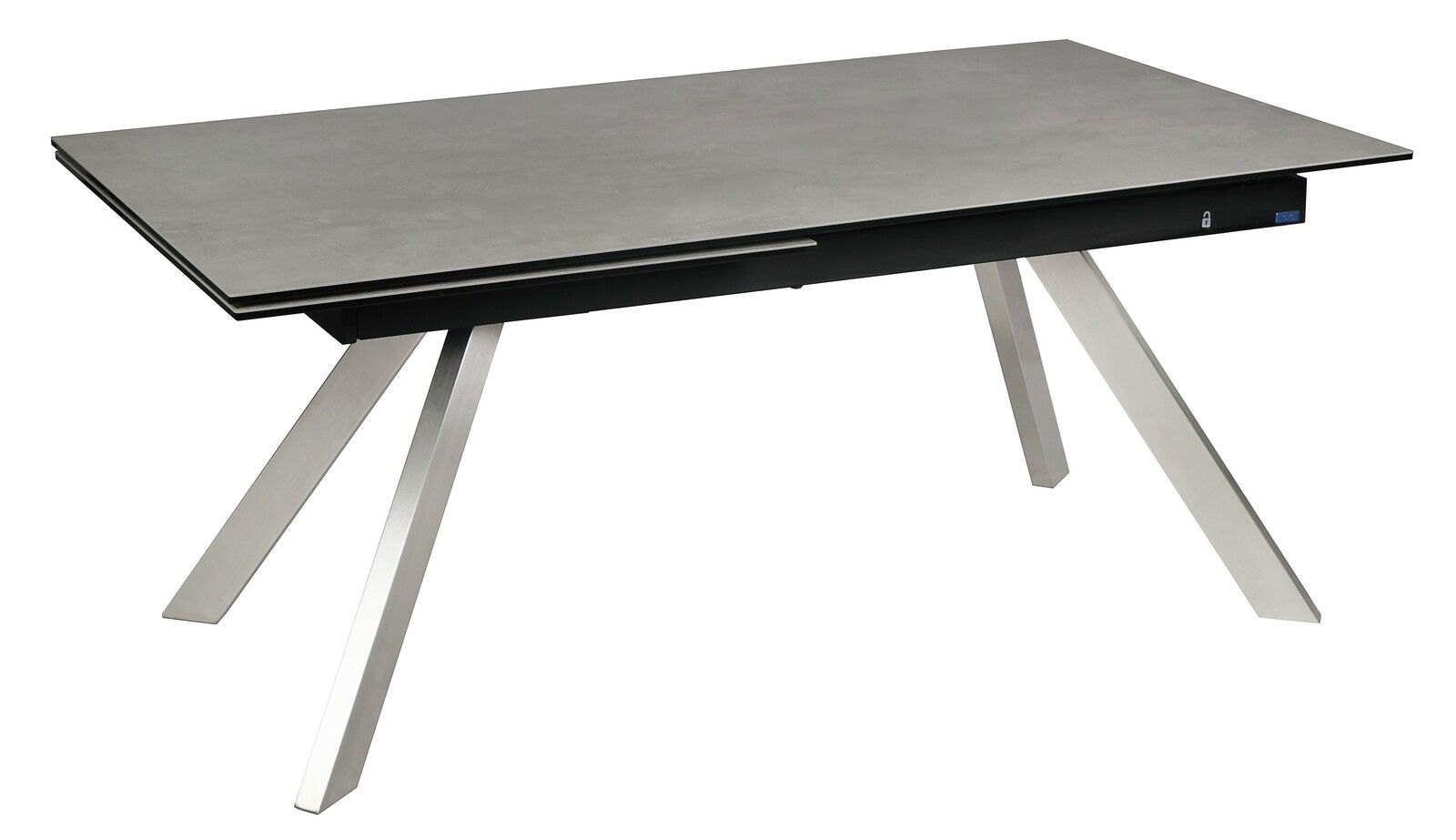 Moderner Esstisch mit grauer Tischplatte und schrägen Metallbeinen, seitliche Perspektive