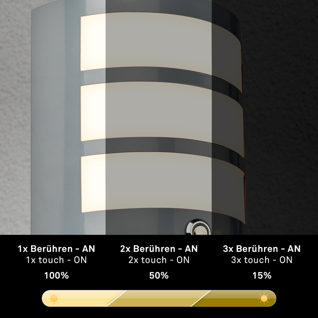 Nahaufnahme einer modernen Akku-Außenwandleuchte mit Touch-Funktion zur Helligkeitseinstellung, seitliche Perspektive.