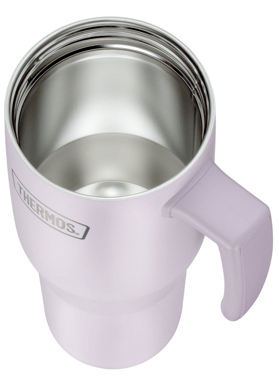 Lichtpaarse Thermos-isoleerbeker met handvat en roestvrijstalen binnenzijde, schuin van boven weergegeven