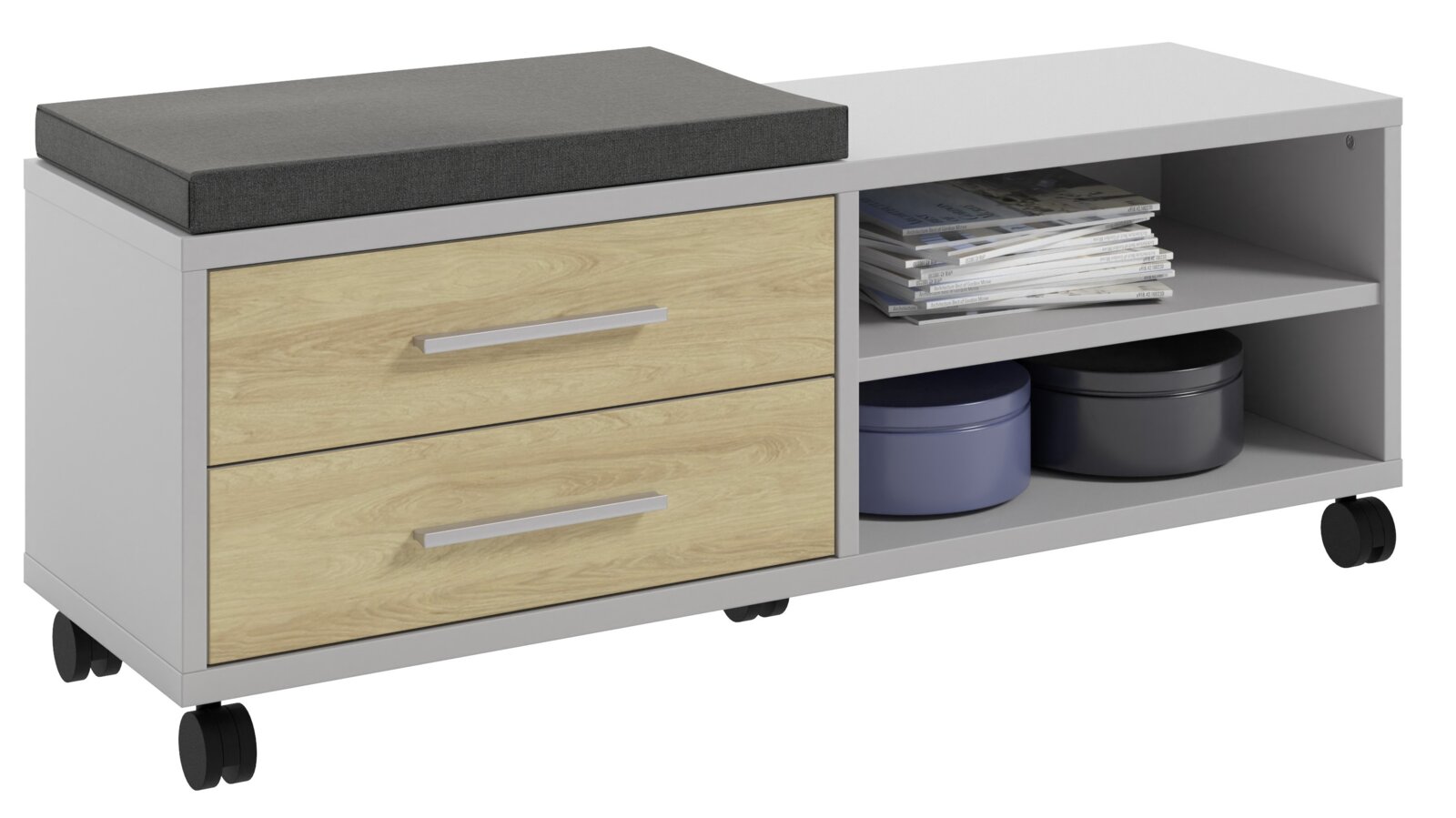 Manjana Sitz-Rollcontainer lang TEXAS Sitz-Rollcontainer mit zwei Holzschubladen und einem offenen Regal mit Zeitschriften und Dosen, seitliche Perspektive