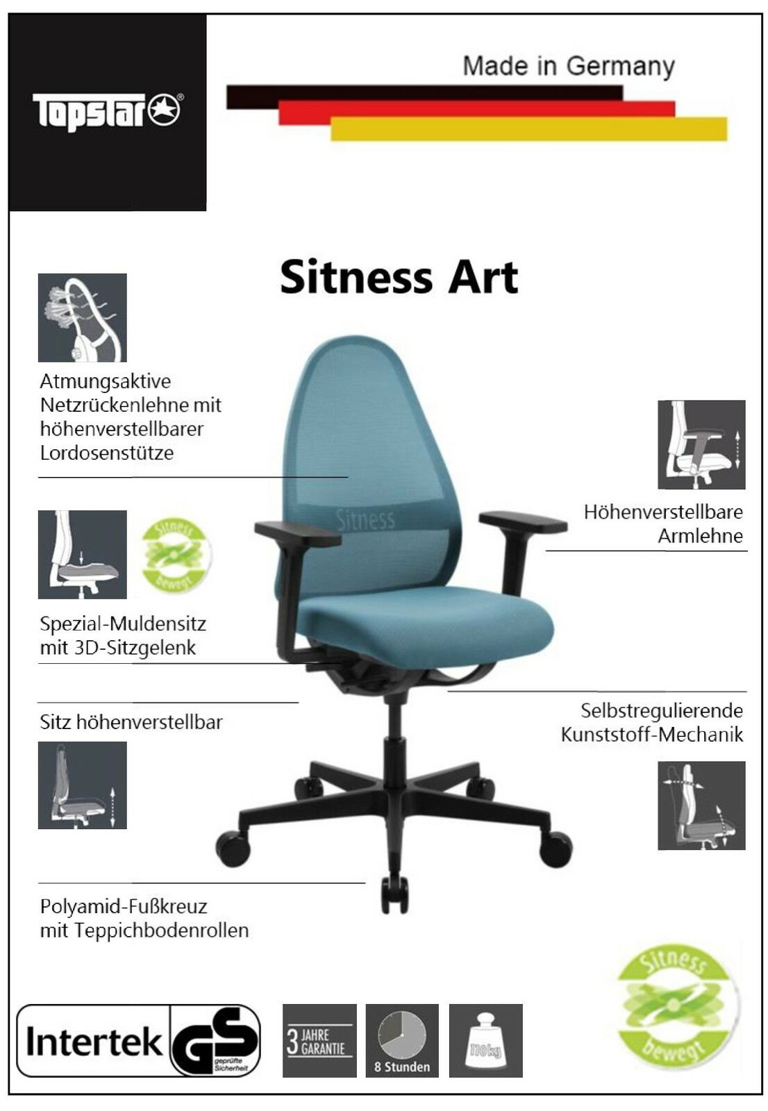 Bürostuhl mit atmungsaktiver Netzrückenlehne, höhenverstellbarer Lordosenstütze und Armlehnen, Spezial-Muldensitz mit 3D-Sitzgelenk, höhenverstellbarer Sitz, selbstregulierende Kunststoff-Mechanik, Polyamid-Fußkreuz mit Teppichbodenrollen, seitliche Persp
