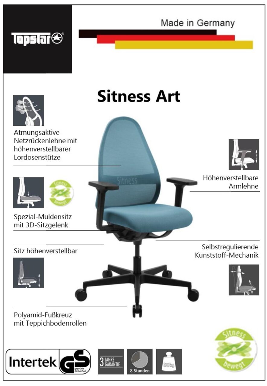 Bürostuhl mit atmungsaktiver Netzrückenlehne, höhenverstellbarer Lordosenstütze und Armlehnen, Spezial-Muldensitz mit 3D-Sitzgelenk, höhenverstellbarer Sitz, selbstregulierende Kunststoff-Mechanik, Polyamid-Fußkreuz mit Teppichbodenrollen, seitliche Persp