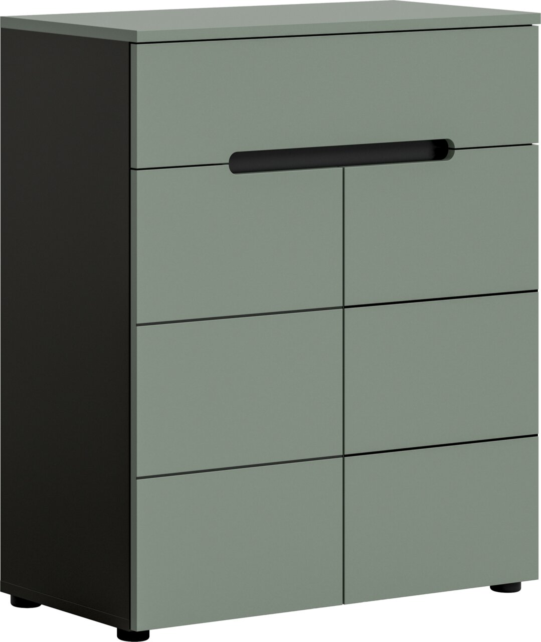 MID.YOU CANU Modernes Sideboard/Kommode in Salbeigrün mit schwarzem Korpus und eingelassener Griffmulde, Frontansicht in leichter 3/4-Perspektive von links