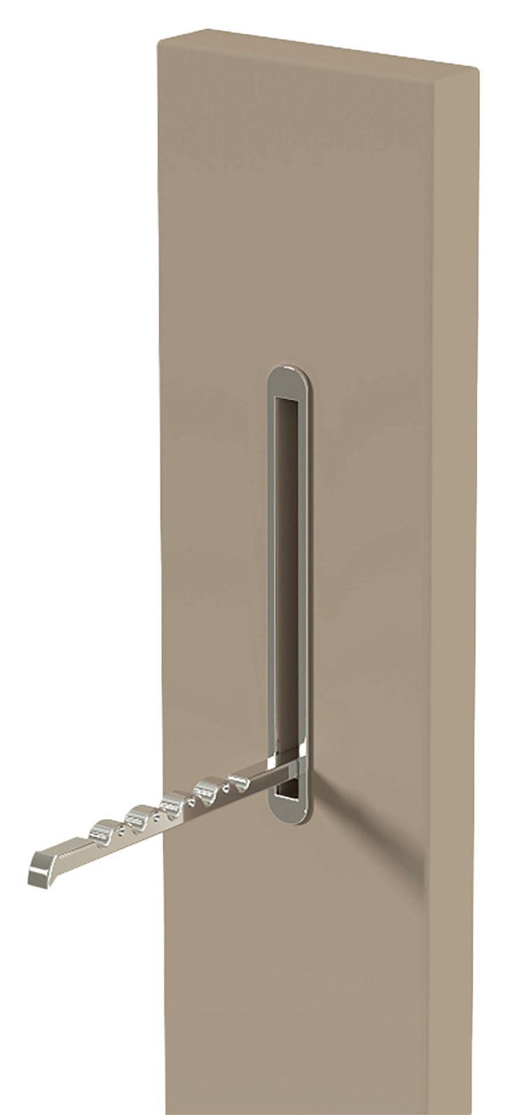 Garderobenpaneel-Leiste LECCO in seitlicher Perspektive mit ausklappbarem Haken in modernem Design.