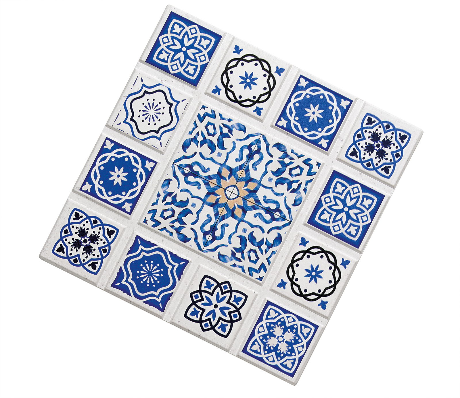 Zassenhaus Untersetzer CASABLANCA Untersetzer mit blau-weißen Mosaikmustern in diagonaler Perspektive