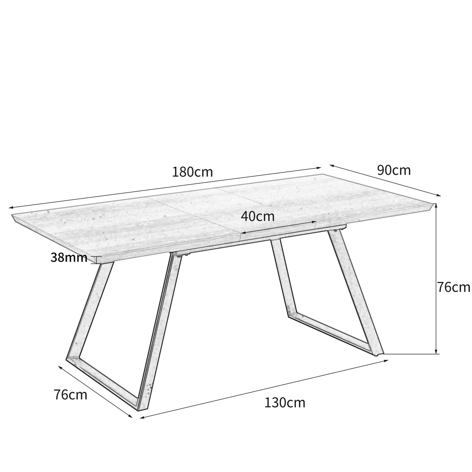 Moderner Esstisch mit rechteckiger Tischplatte und schrägen Metallbeinen, seitliche Perspektive, Maße: 180cm x 90cm x 76cm