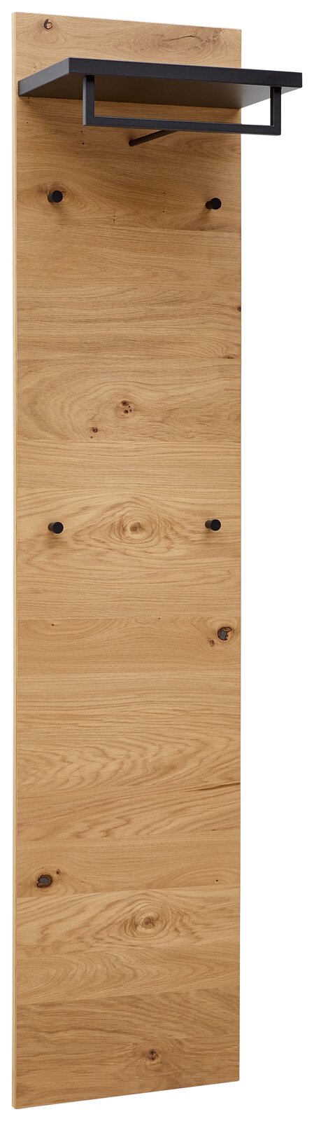 Garderobenpaneel schmal aus Holz mit schwarzer Ablage und Haken, seitliche Perspektive