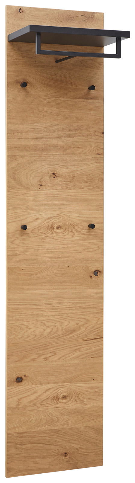 Garderobenpaneel schmal aus Holz mit schwarzer Ablage und Haken, seitliche Perspektive