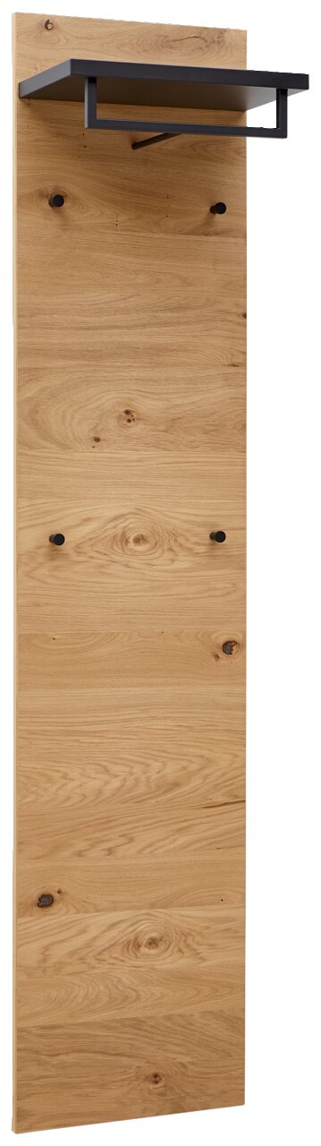 Smal houten garderobepaneel met zwarte plank en haken, zijaanzicht