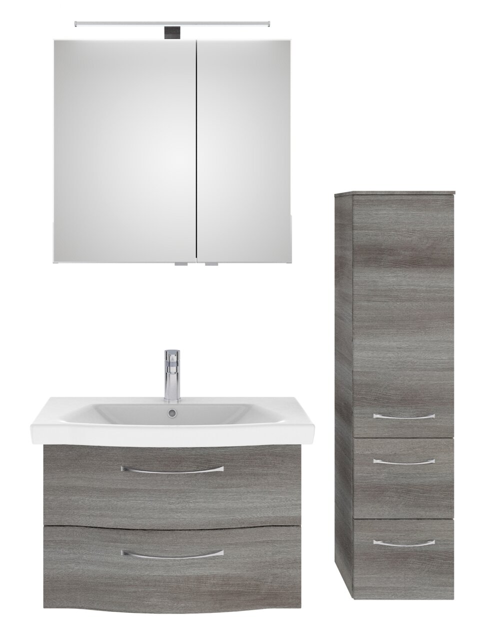 Pelipal Badblock SERIE 6005 SPRINT Badezimmermöbel-Set in grauer Holzoptik, bestehend aus einem Spiegelschrank mit Beleuchtung, einem Waschbeckenunterschrank mit zwei Schubladen und einem hohen Seitenschrank mit drei Schubladen, frontal abgebildet.