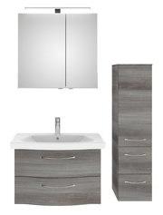 Badezimmermöbel-Set in grauer Holzoptik, bestehend aus einem Spiegelschrank mit Beleuchtung, einem Waschbeckenunterschrank mit zwei Schubladen und einem hohen Seitenschrank mit drei Schubladen, frontal abgebildet.