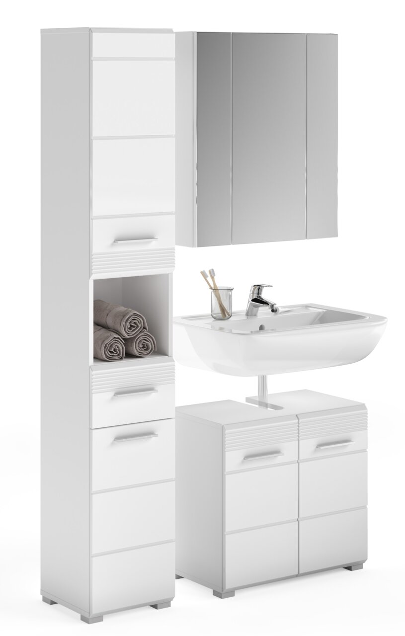 Frontale Ansicht einer modernen weißen Badkombination mit Spiegelschrank, Waschbecken und Stauraum.