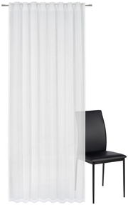 Weißer Fertigvorhang 135x245cm, frontal fotografiert, neben einem schwarzen Stuhl.