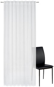 Weißer Fertigvorhang 135x245cm, frontal fotografiert, neben einem schwarzen Stuhl.