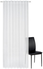 Weißer Fertigvorhang 135x245cm, frontal fotografiert, neben einem schwarzen Stuhl.