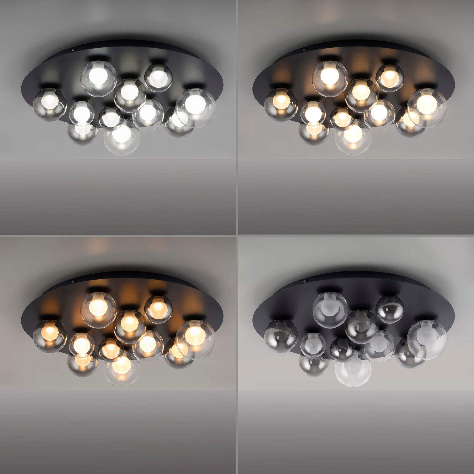 LED-Deckenleuchte mit mehreren runden Glaskugeln, von unten betrachtet, in verschiedenen Lichtstimmungen.