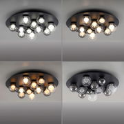 LED-Deckenleuchte mit mehreren runden Glaskugeln, von unten betrachtet, in verschiedenen Lichtstimmungen.