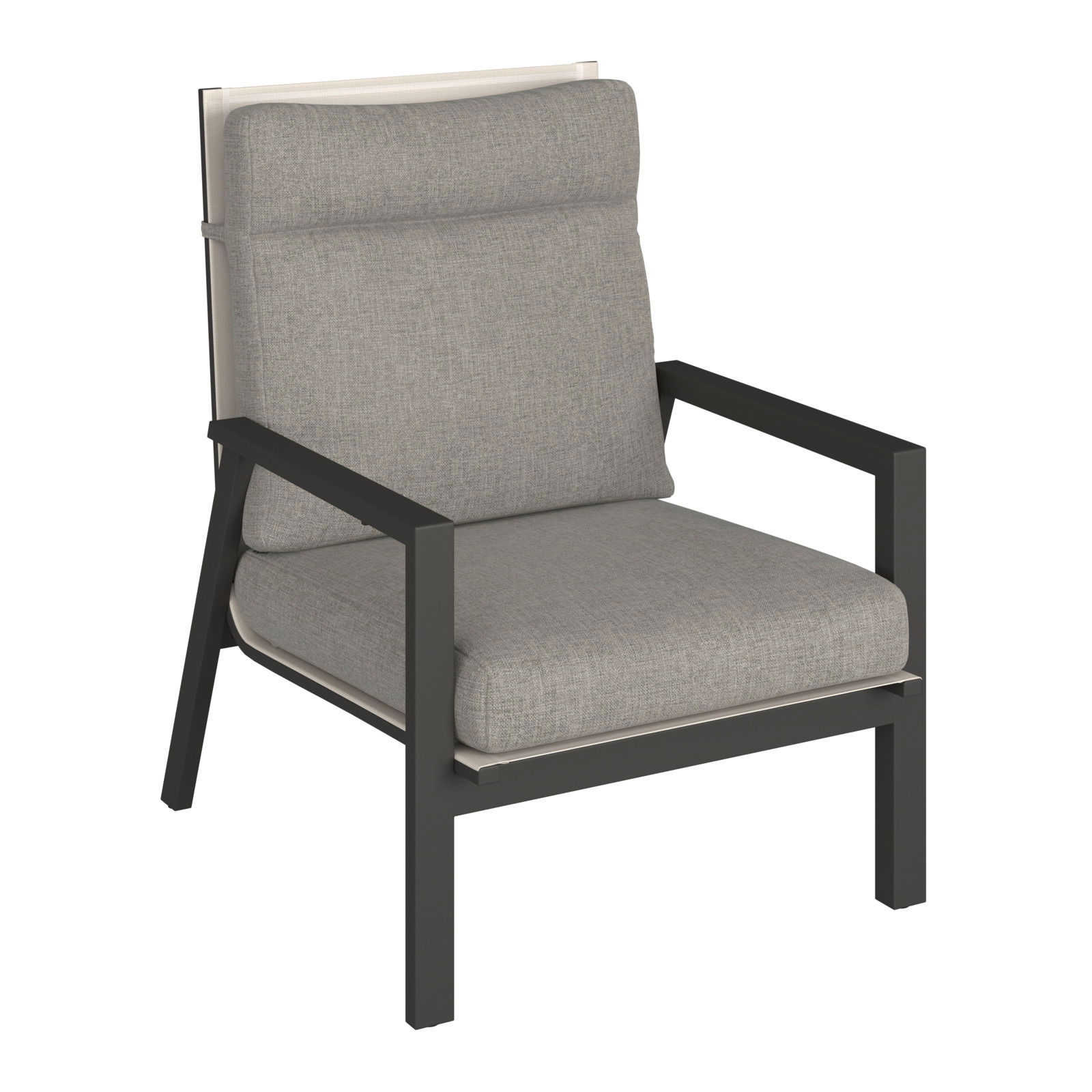 Moderner Gartensessel mit grauem Polster und schwarzem Metallrahmen, seitliche Perspektive
