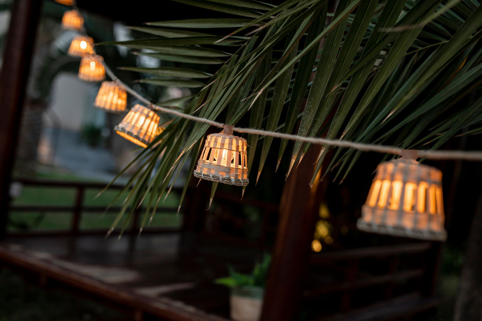 Nahaufnahme einer Girlande mit leuchtenden Laternen unter Palmenblättern, seitliche Perspektive