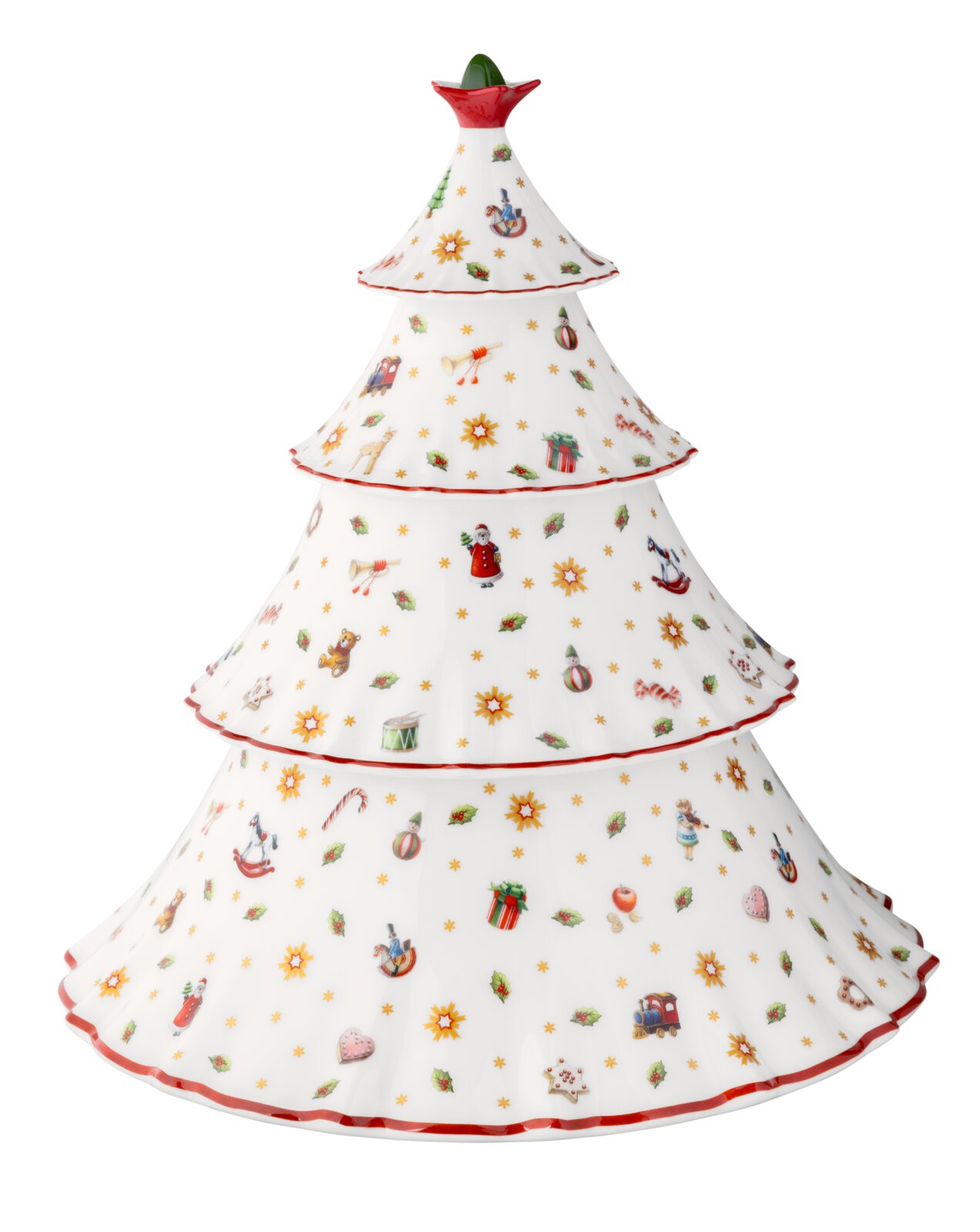 Villeroy & Boch Baum Dose Frontansicht einer weißen, mehrstufigen Weihnachtsbaum-Dose aus Porzellan mit rotem Rand und farbenfrohen Festtagsmotiven