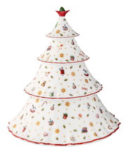 Frontansicht einer weißen, mehrstufigen Weihnachtsbaum-Dose aus Porzellan mit rotem Rand und farbenfrohen Festtagsmotiven
