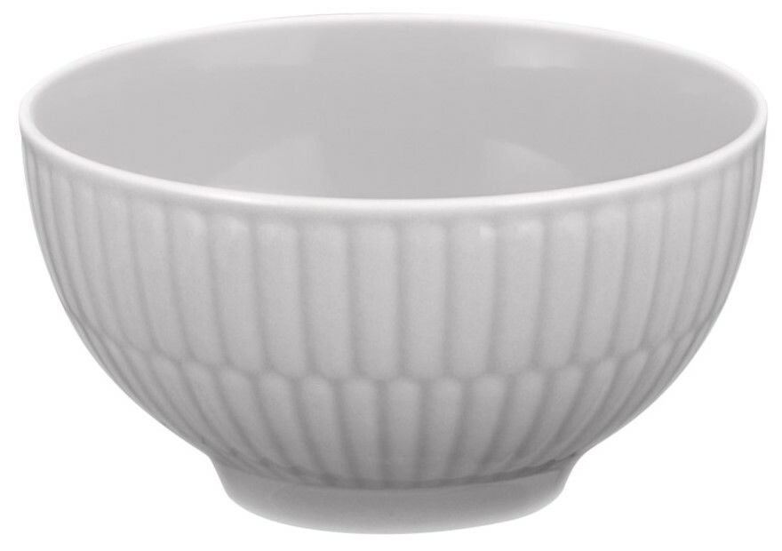 Weiße Dipschale mit geriffeltem Design, seitliche Perspektive