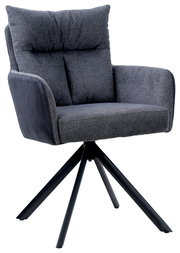 Grauer Armlehnstuhl mit gepolsterter Sitzfläche und Rückenlehne, schwarzes Metallgestell, seitliche Perspektive