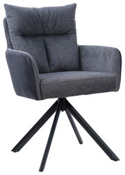 Grauer Armlehnstuhl mit gepolsterter Sitzfläche und Rückenlehne, schwarzes Metallgestell, seitliche Perspektive