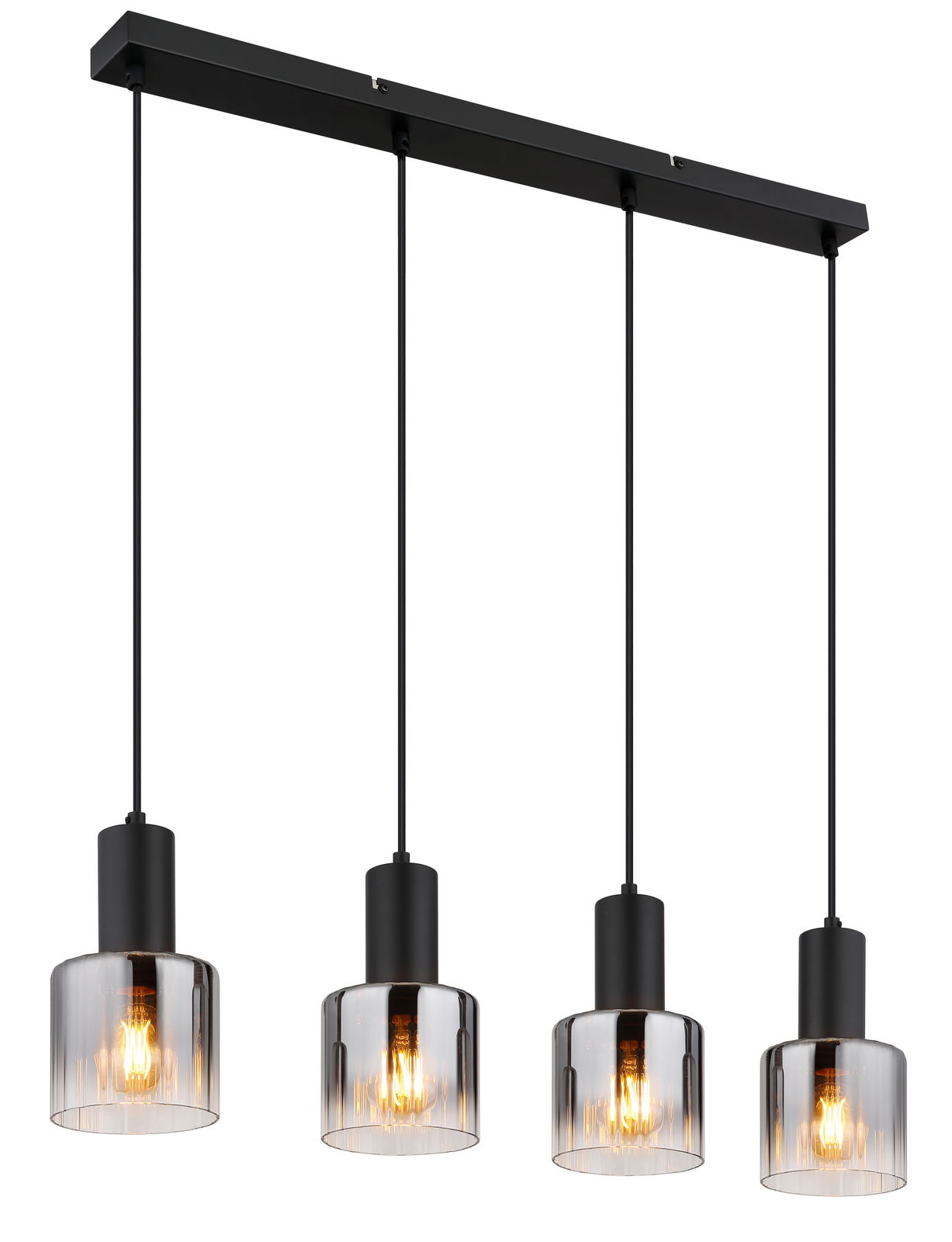 Moderne Hängeleuchte mit vier schwarzen Pendeln und transparenten Glasschirmen, seitliche Perspektive
