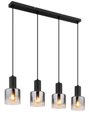 Moderne Hängeleuchte mit vier schwarzen Pendeln und transparenten Glasschirmen, seitliche Perspektive