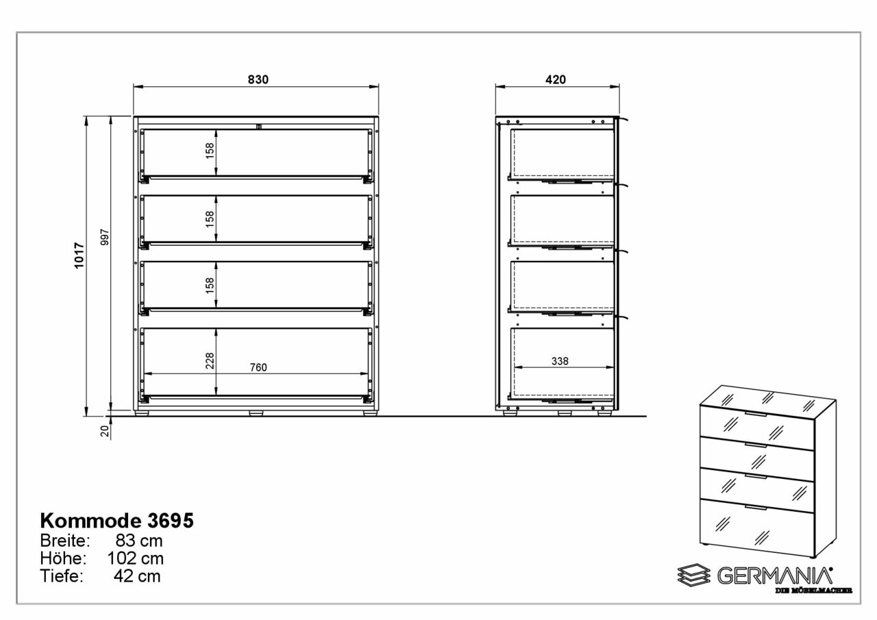 Technische Zeichnung einer Schubkastenkommode mit vier Schubladen, Vorder- und Seitenansicht, Maße: Breite 83 cm, Höhe 102 cm, Tiefe 42 cm.