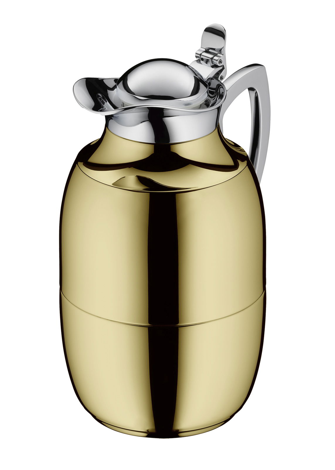 Goldene Isolierkanne Juwel mit glänzendem Chromdeckel und ergonomischem Griff, seitliche Perspektive