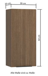 Hängeschrank aus Holz mit vertikaler Rillenstruktur, Maße 64 cm hoch, 30 cm breit, 20 cm tief, frontale Perspektive
