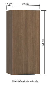 Hängeschrank aus Holz mit vertikaler Rillenstruktur, Maße 64 cm hoch, 30 cm breit, 20 cm tief, frontale Perspektive