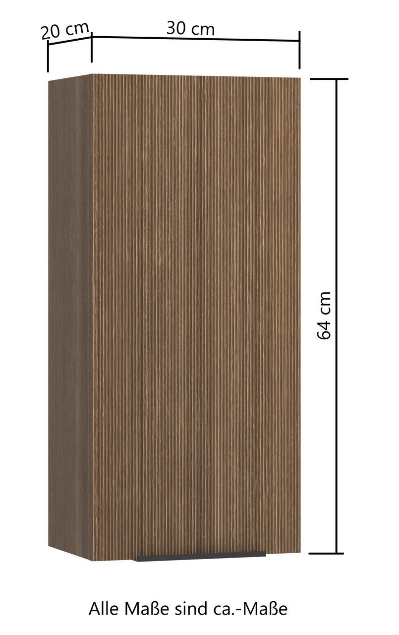 Hängeschrank aus Holz mit vertikaler Rillenstruktur, Maße 64 cm hoch, 30 cm breit, 20 cm tief, frontale Perspektive