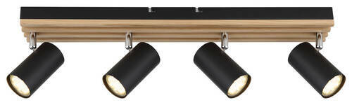 Moderner Deckenstrahler mit vier schwarzen, zylinderförmigen Leuchten auf einer Holzleiste, seitliche Perspektive.