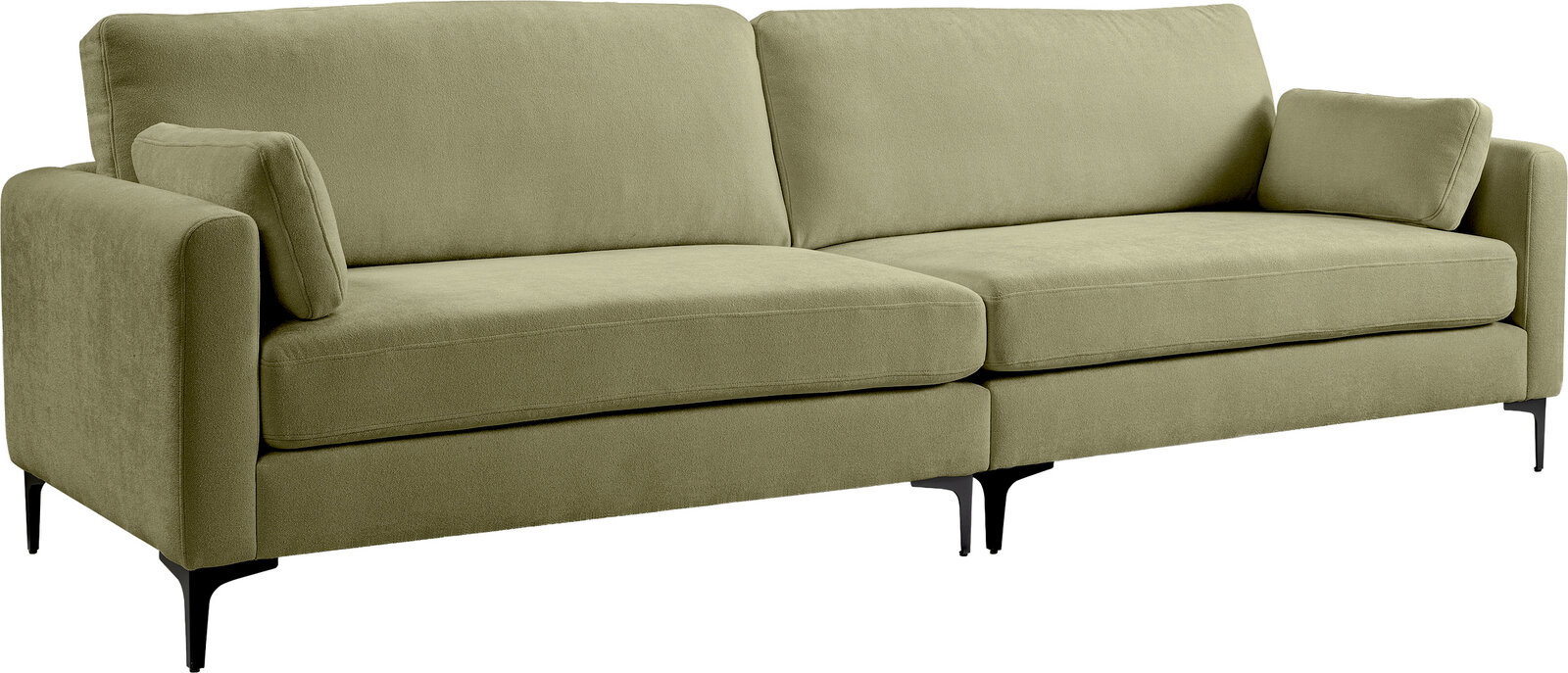 Olivgrünes 3-Sitzer-Stoffsofa mit zwei Sitzkissen, zwei Rückenkissen, schmalen Armlehnen und schwarzen Metallfüßen, in schräger Frontansicht von links freigestellt auf weißem Hintergrund.