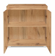 Kommode aus Holz mit geöffneter Doppeltür, zeigt zwei Regalböden, Frontalansicht