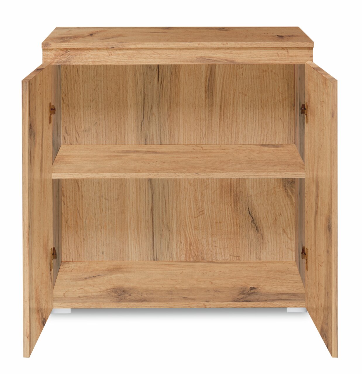 Kommode aus Holz mit geöffneter Doppeltür, zeigt zwei Regalböden, Frontalansicht