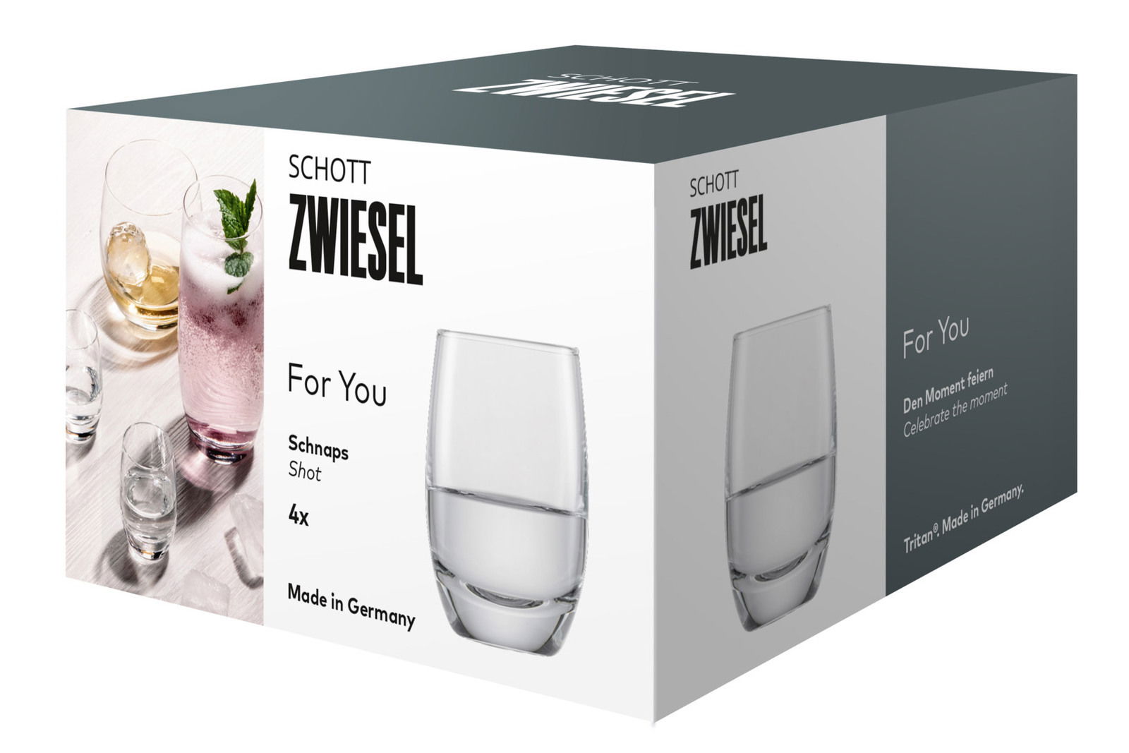 SCHOTT ZWIESEL Schnapsglas-Set 4-tlg. FOR YOU Verpackung eines 4er Sets Schnapsgläser von Schott Zwiesel, Vorderansicht