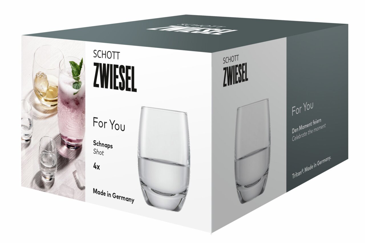 SCHOTT ZWIESEL Schnapsglas-Set 4-tlg. FOR YOU Verpackung eines 4er Sets Schnapsgläser von Schott Zwiesel, Vorderansicht