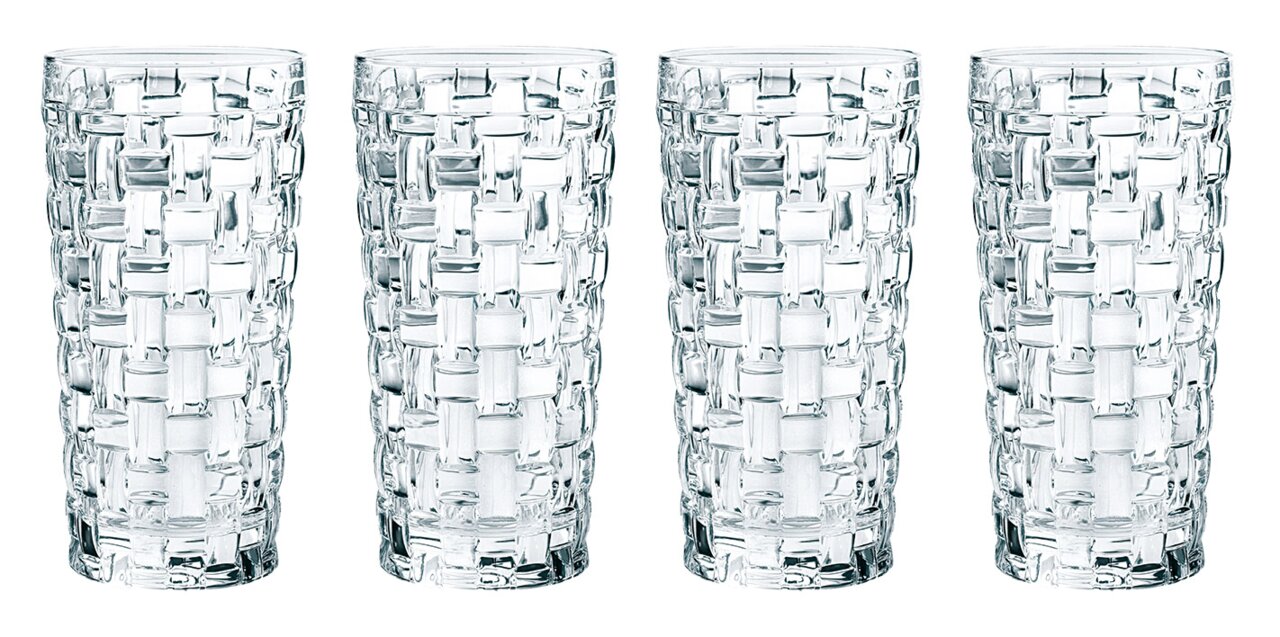 Vier Longdrinkgläser Bossa Nova mit geflochtenem Design, frontal betrachtet.