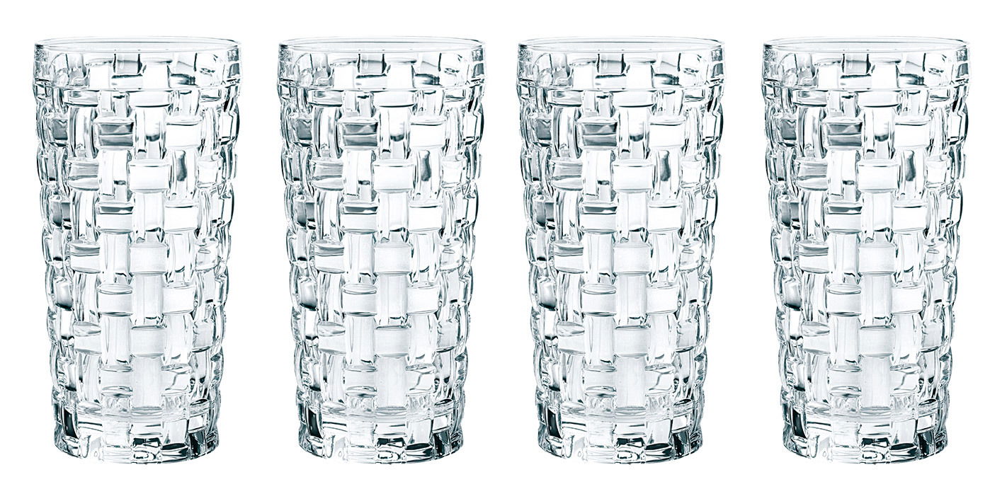 Vier Longdrinkgläser Bossa Nova mit geflochtenem Design, frontal betrachtet.